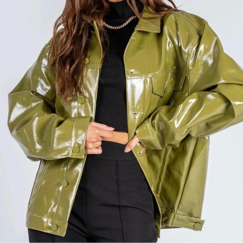Princess Polly Shiny Olive Leather Jacket